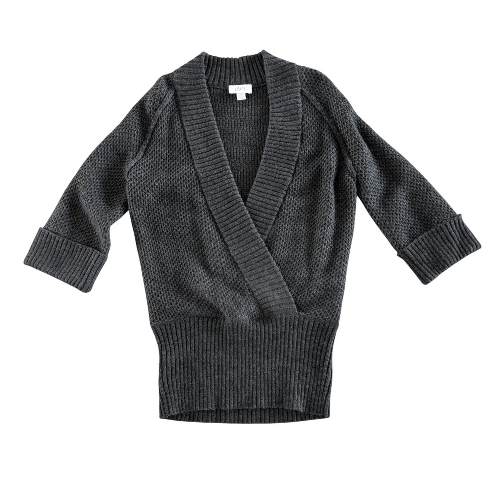 LOFT Gray Wrap Sweater Womens Knit M Alpaca Wool Blend Cozy Minimalist Cabincore